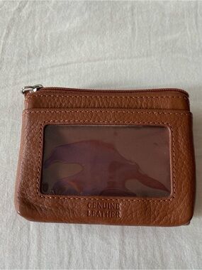 Genuine Leather Brown Card Wallet with ID Window, zip pouch & cash/card slots